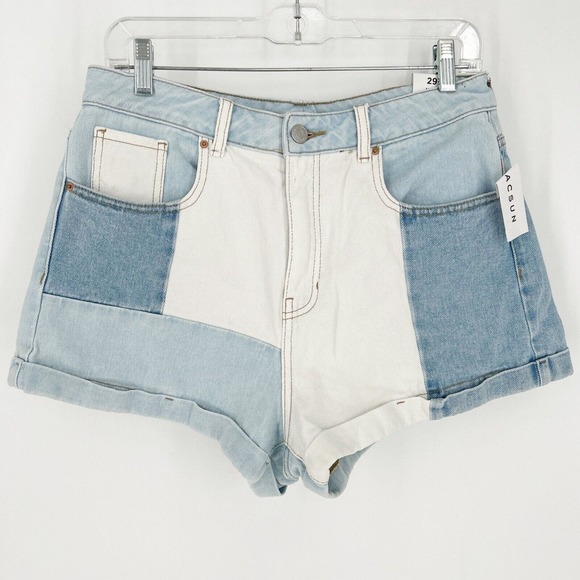 Pacsun Denim Shorts Women's 29 Blue Mom Color Block Patchwork High Waist‎ Jean - Picture 1 of 10